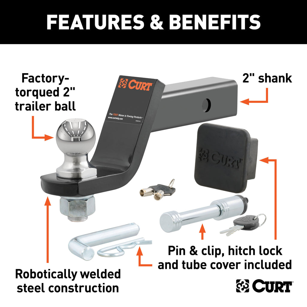 CURT 45554 Towing Starter Kit with 2" Ball (2" Shank, 7,500 lbs, 4" Drop)