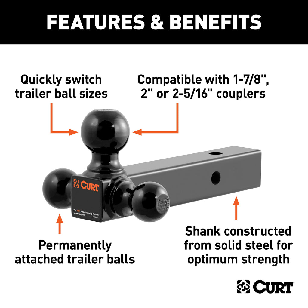 CURT 45650 Multi-Ball Mount (2" Solid Shank, 1-7/8", 2" & 2-5/16" Black Balls)