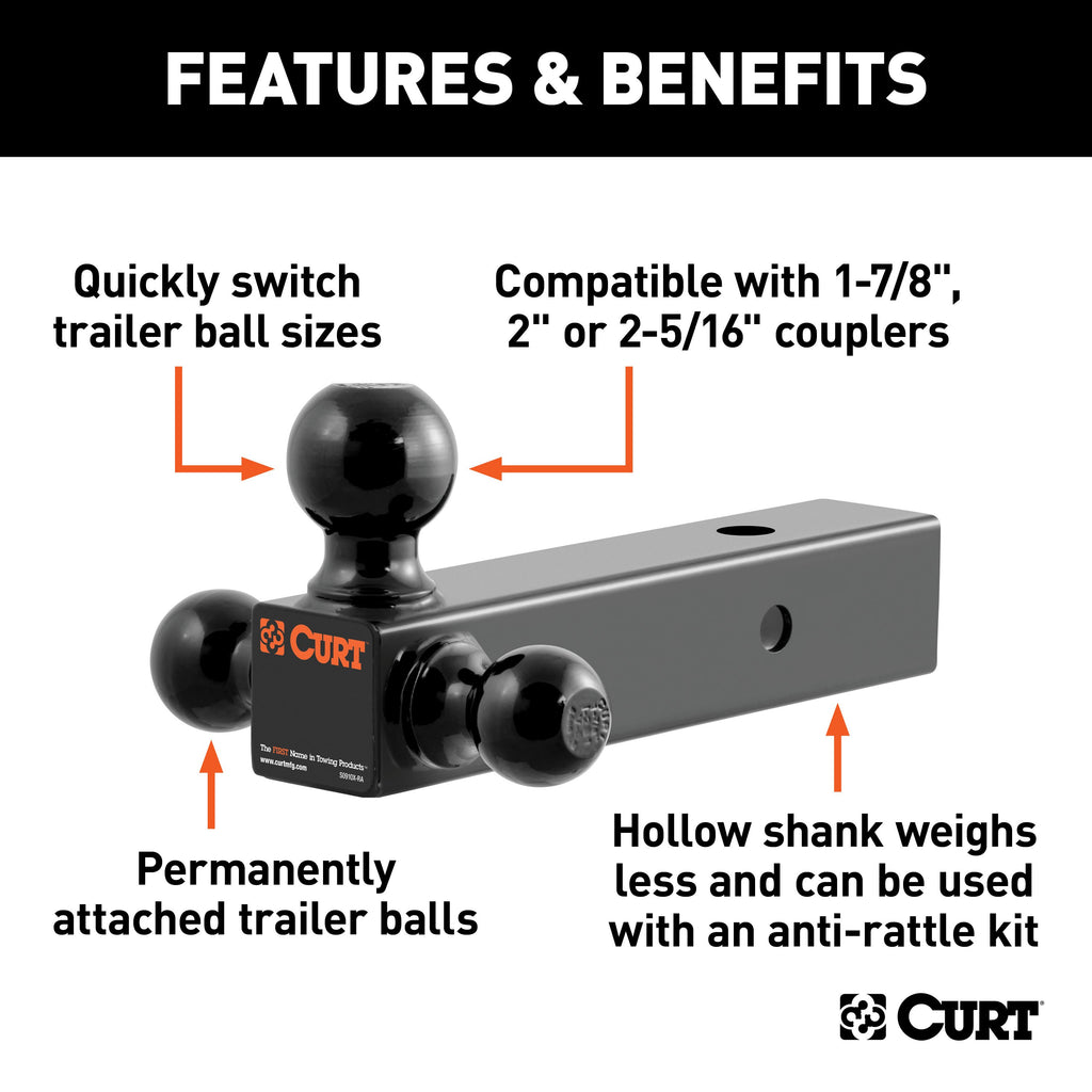 CURT 45651 Multi-Ball Mount (2-1/2" Hollow Shank, 1-7/8", 2" & 2-5/16" Black Balls)