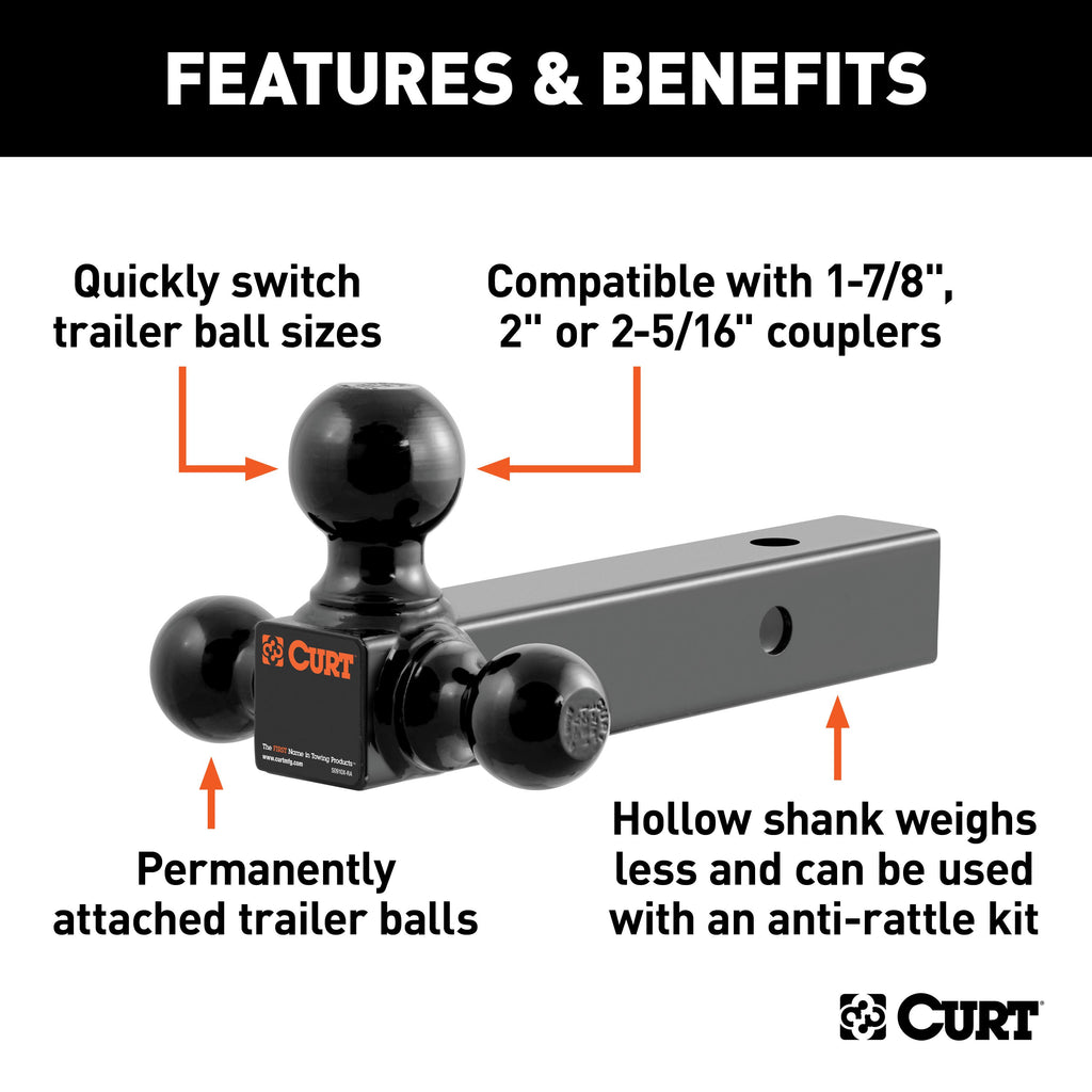 CURT 45652 Multi-Ball Mount (2" Hollow Shank, 1-7/8", 2" & 2-5/16" Black Balls)