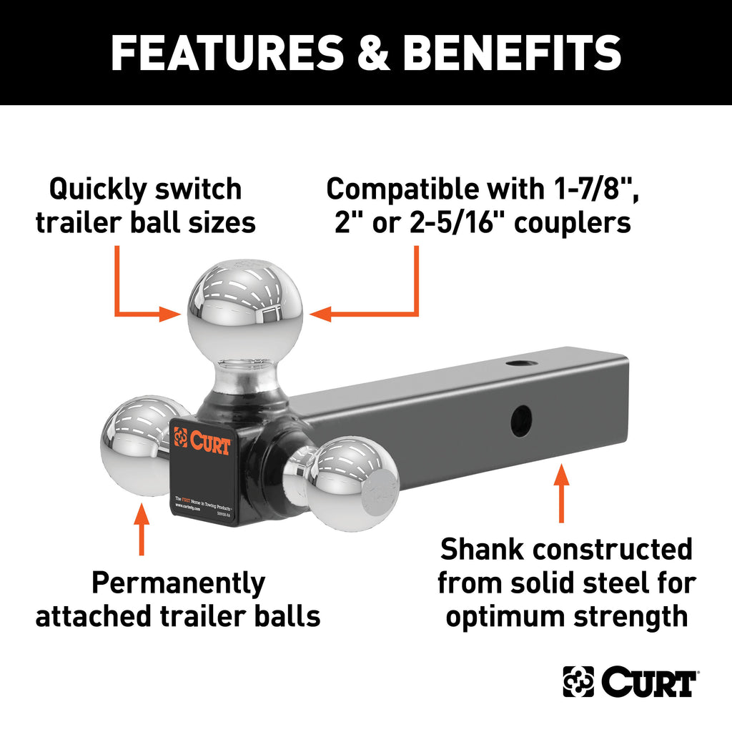 CURT 45655 Multi-Ball Mount (2" Solid Shank, 1-7/8", 2" & 2-5/16" Chrome Balls)