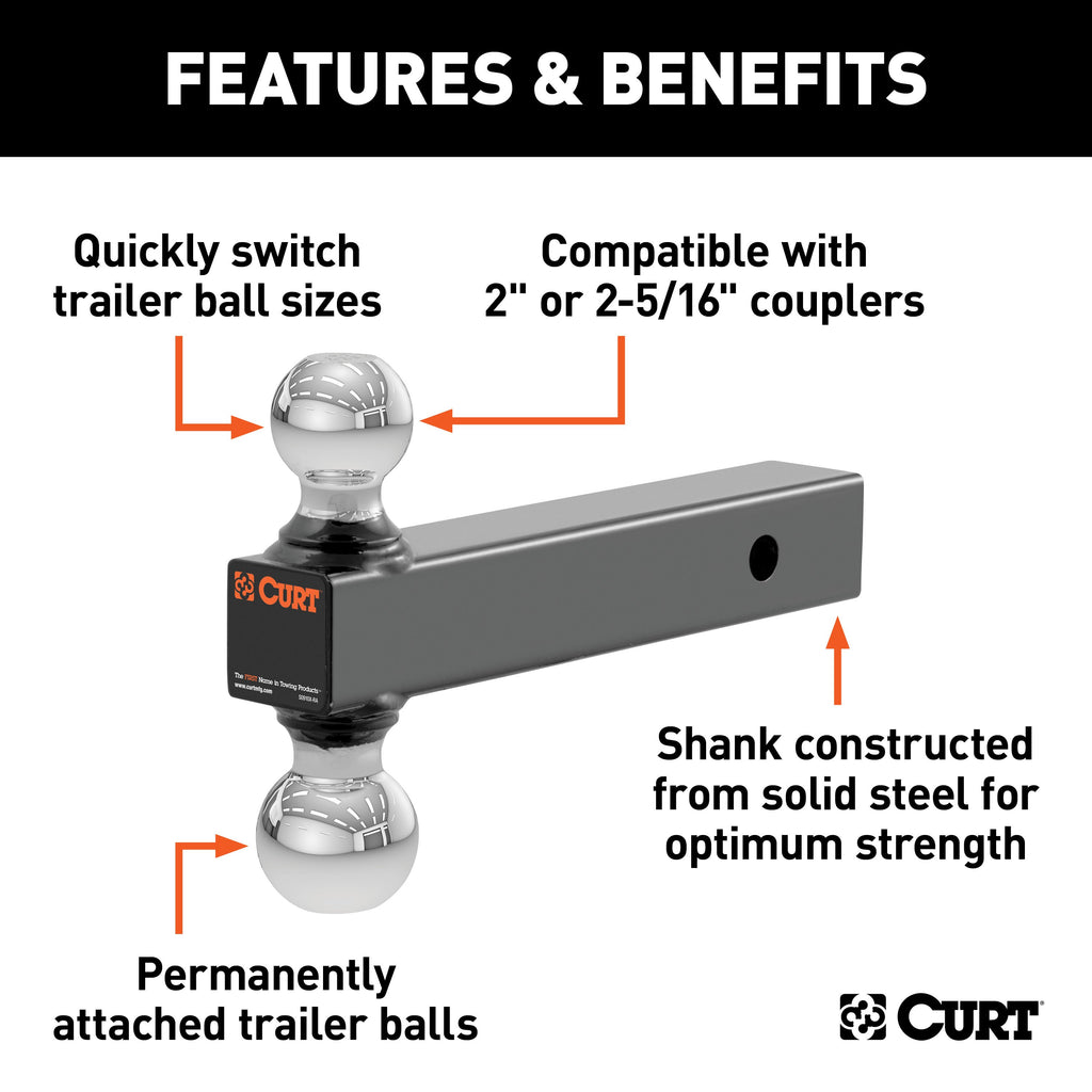 CURT 45665 Multi-Ball Mount (2" Solid Shank, 2" & 2-5/16" Chrome Balls)