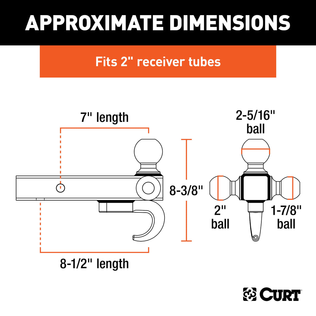 CURT 45675 Multi-Ball Mount with Hook (2" Solid Shank, 1-7/8", 2" & 2-5/16" Chrome Balls)