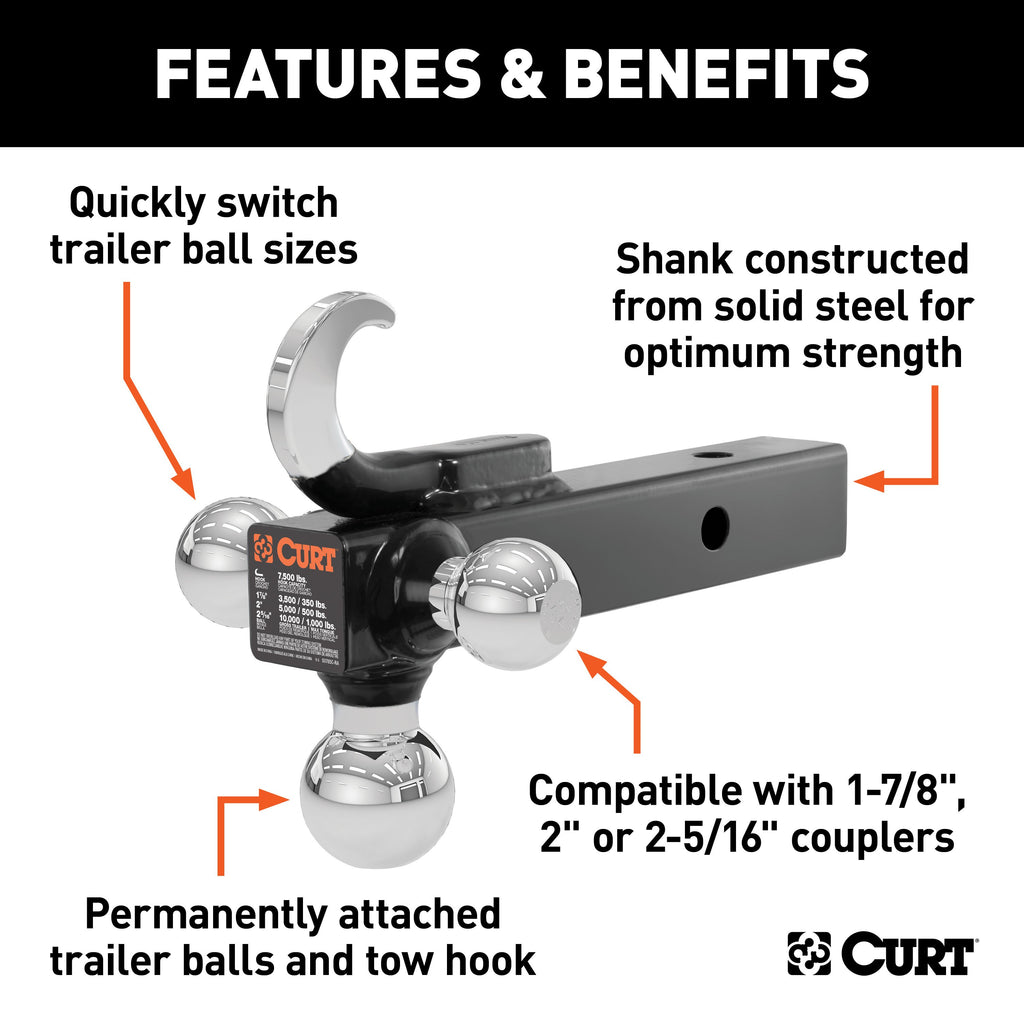CURT 45675 Multi-Ball Mount with Hook (2" Solid Shank, 1-7/8", 2" & 2-5/16" Chrome Balls)
