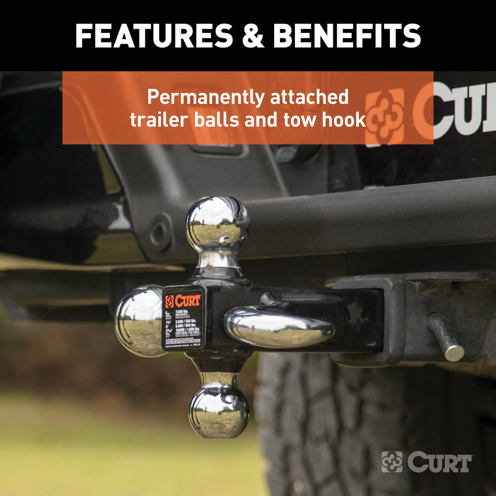 CURT 45675 Multi-Ball Mount with Hook (2" Solid Shank, 1-7/8", 2" & 2-5/16" Chrome Balls)