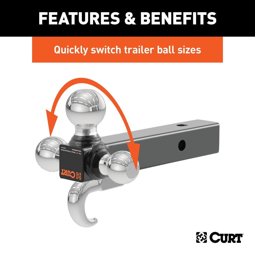 CURT 45675 Multi-Ball Mount with Hook (2" Solid Shank, 1-7/8", 2" & 2-5/16" Chrome Balls)