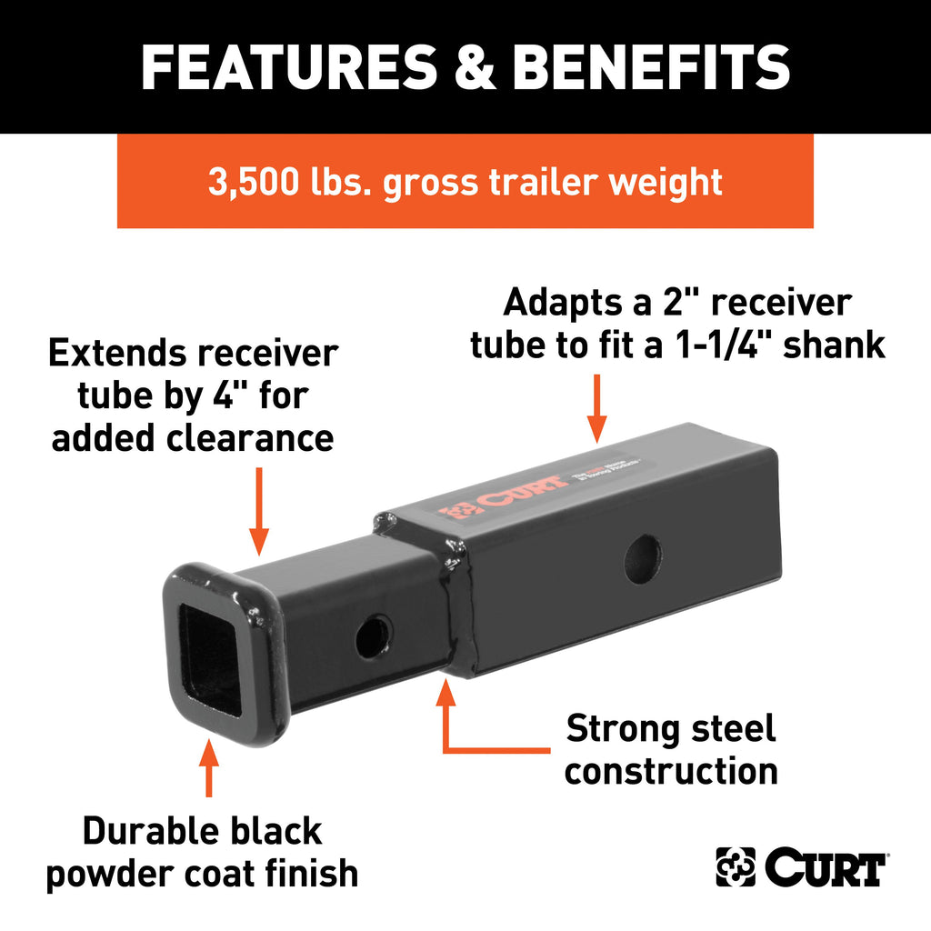CURT 45770 Receiver Tube Adapter (2" to 1-1/4" Shank, 3,500 lbs. GTW, 4" Length)