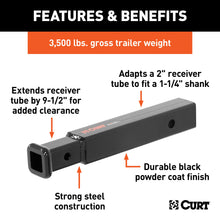 Load image into Gallery viewer, CURT 45775 Receiver Tube Adapter (2" to 1-1/4" Shank, 3,500 lbs. GTW, 9-1/2" Length)