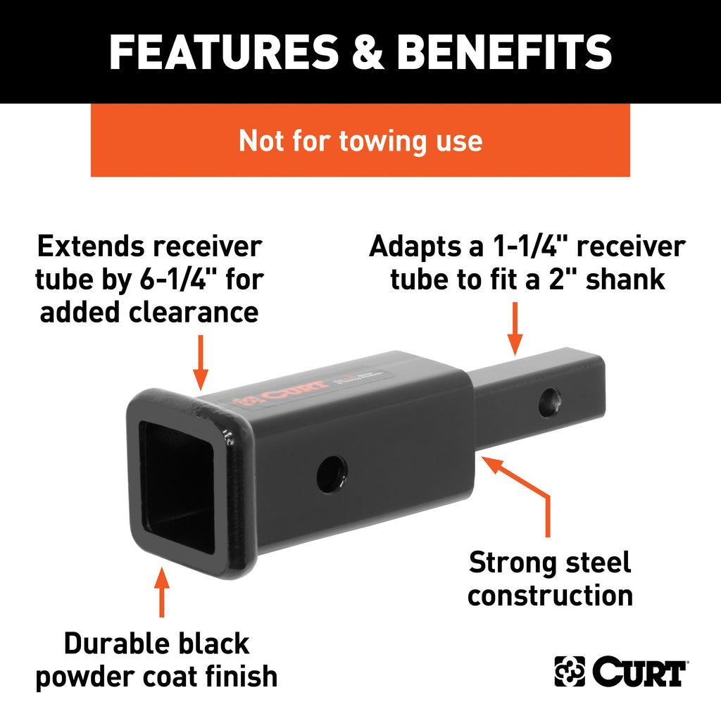 CURT 45785 Receiver Tube Adapter (1-1/4" to 2" Shank, Not for Towing Use, 6-1/4" Length)