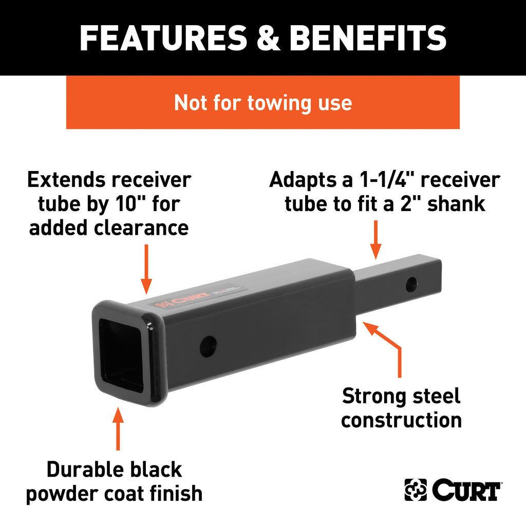 CURT 45790 Receiver Tube Adapter (1-1/4" to 2" Shank, Not for Towing Use, 6-1/4" Length)