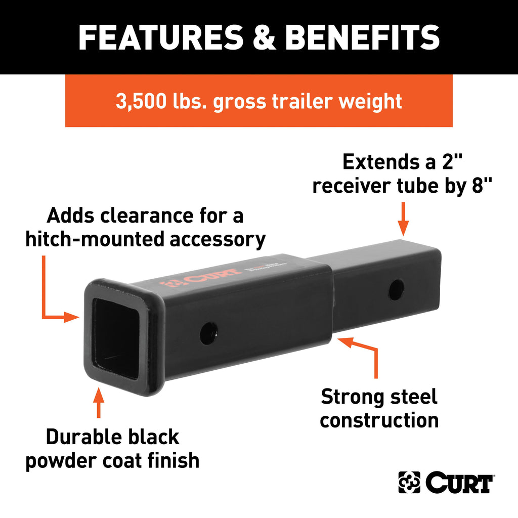 CURT 45791 8" Receiver Tube Extender (2" Solid Shank, 3,500 lbs.)
