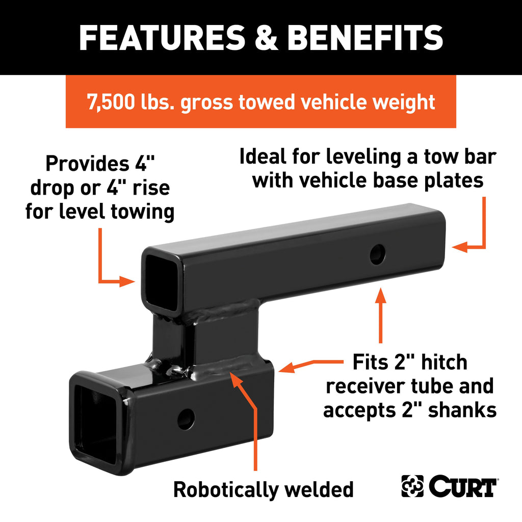CURT 45798 Receiver Hitch Adapter (2" Shank, 4" Drop, 7,500 lbs.)