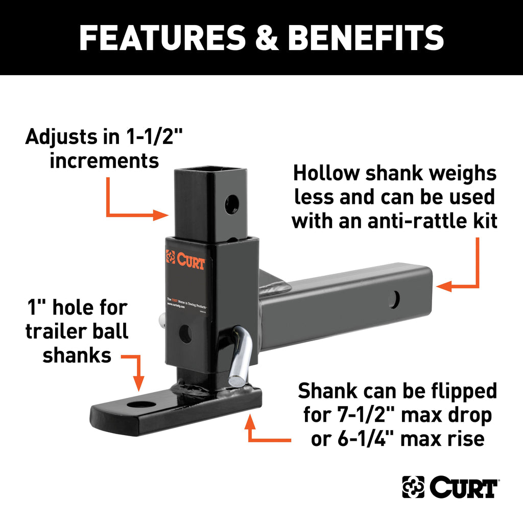 CURT 45812 Adjustable Ball Mount (2" Shank, 1" Ball Hole)