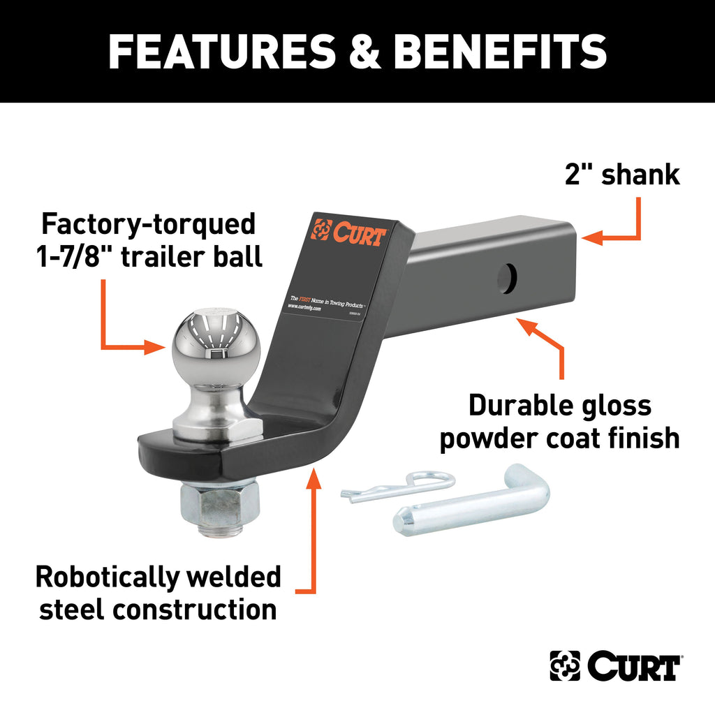 CURT 45855 Loaded Ball Mount with 1-7/8" Ball, Imported (2" Shank, 3,500 lbs., 4" Drop)