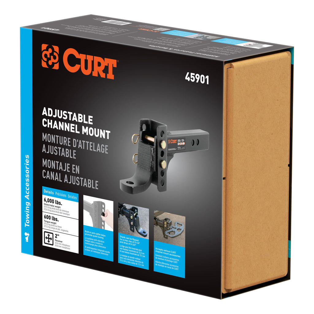 CURT 45901 Adjustable Channel Mount with 1" Ball Hole (2" Shank, 6,000 lbs., 6-3/4" Drop)