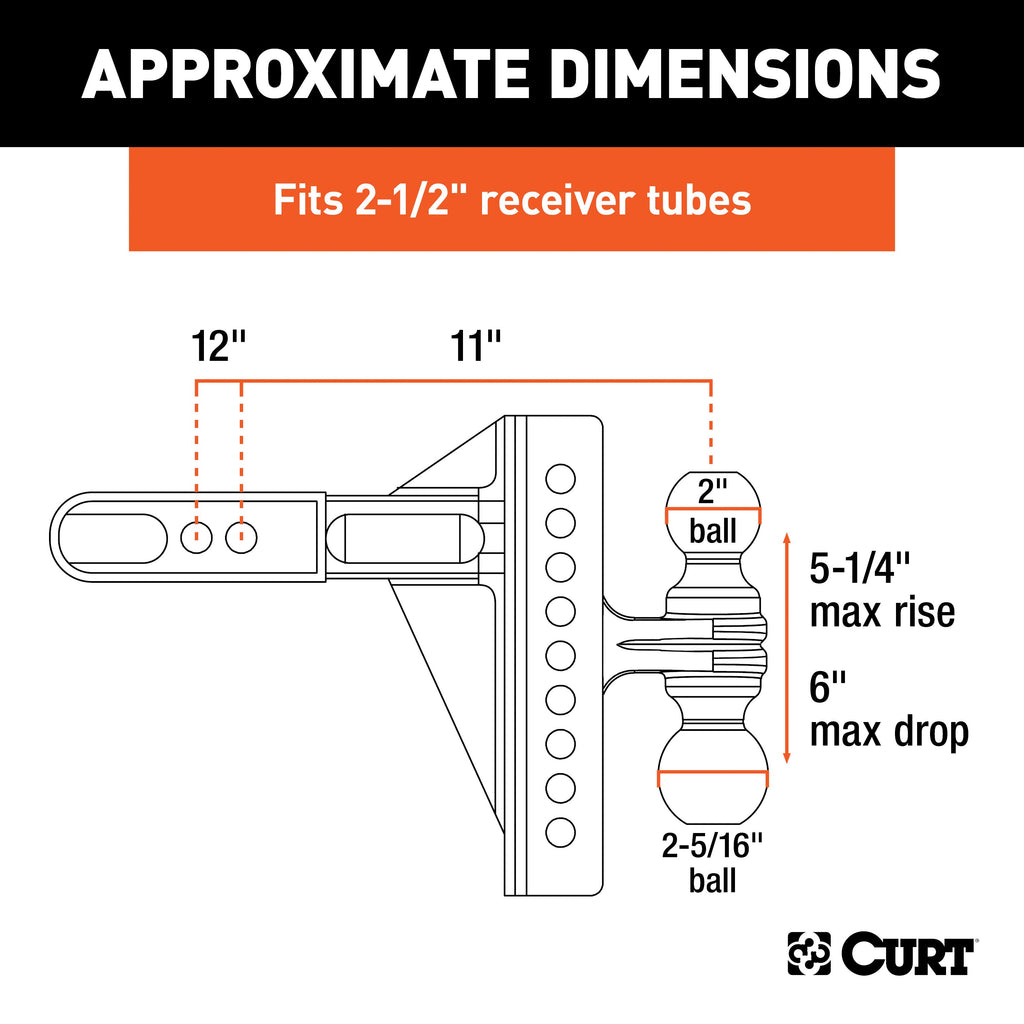 CURT 45902 Adjustable Channel Mount with Dual Ball (2-1/2" Shank, 20,000 lbs., 6" Drop)