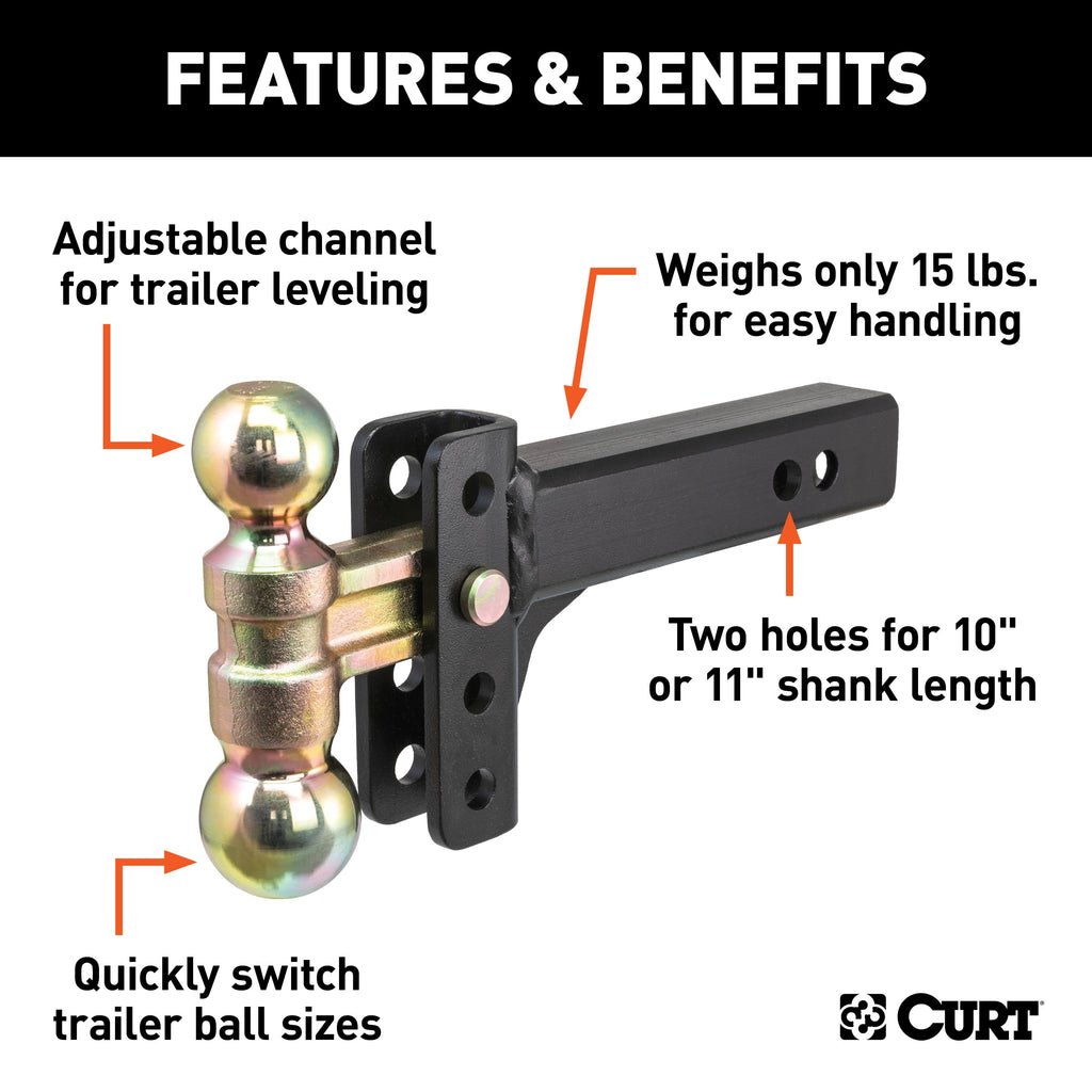 CURT 45903 Slim Adjustable Channel Mount with Dual Ball (2" Shank, 10K, 3-3/4" Drop)