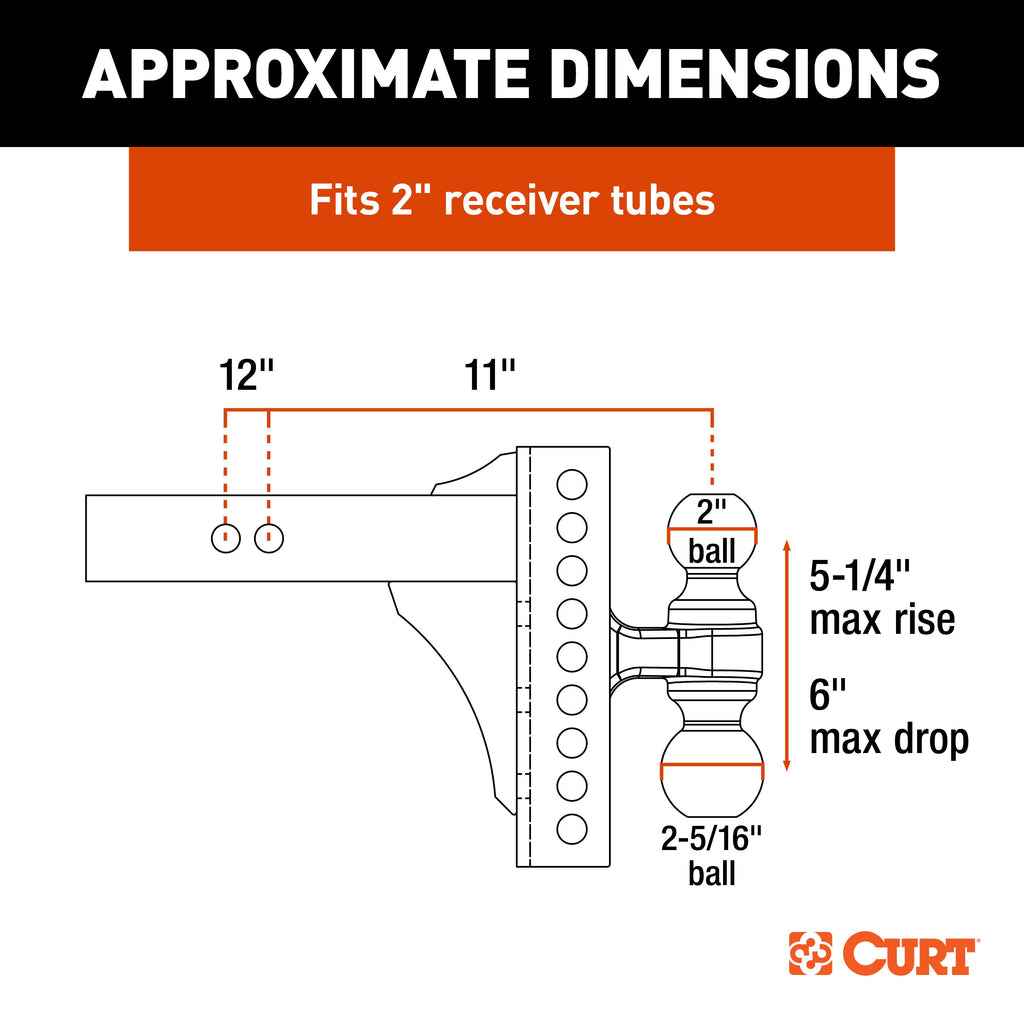 CURT 45904 Adjustable Channel Mount with Hook & Step Dual-Ball - 2" Shank, 14K, 6" Drop