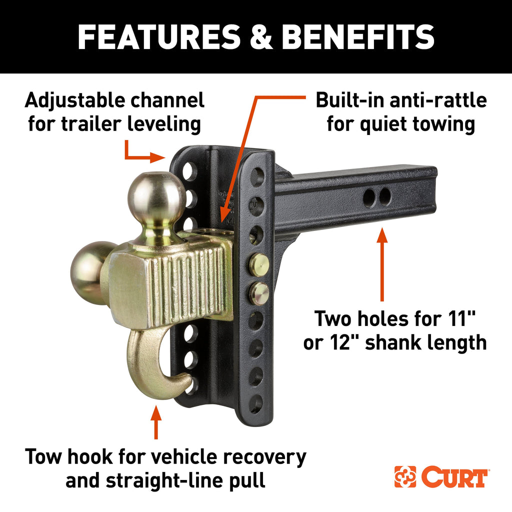 CURT 45904 Adjustable Channel Mount with Hook & Step Dual-Ball - 2" Shank, 14K, 6" Drop