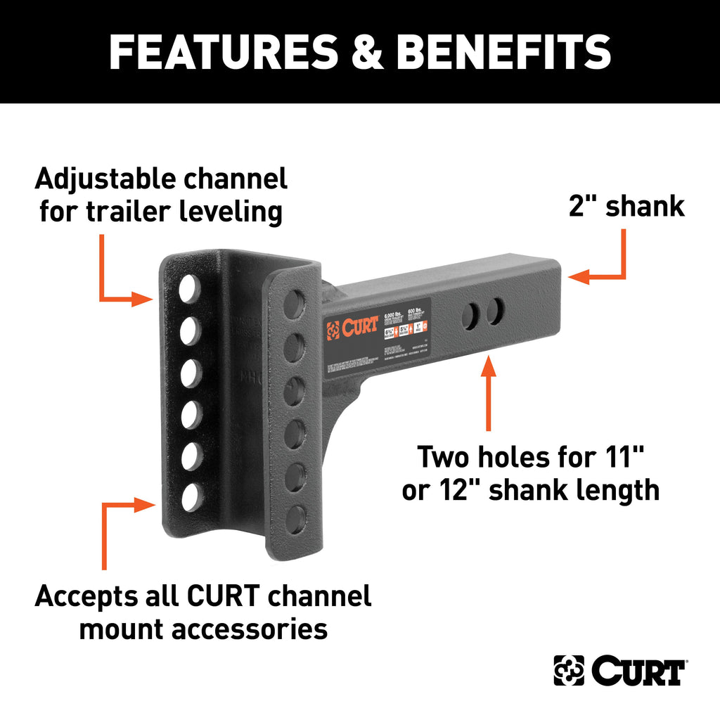 CURT 45911 Replacement 2" Adjustable Channel Mount Shank (Fits #45901, 6,000 lbs.)