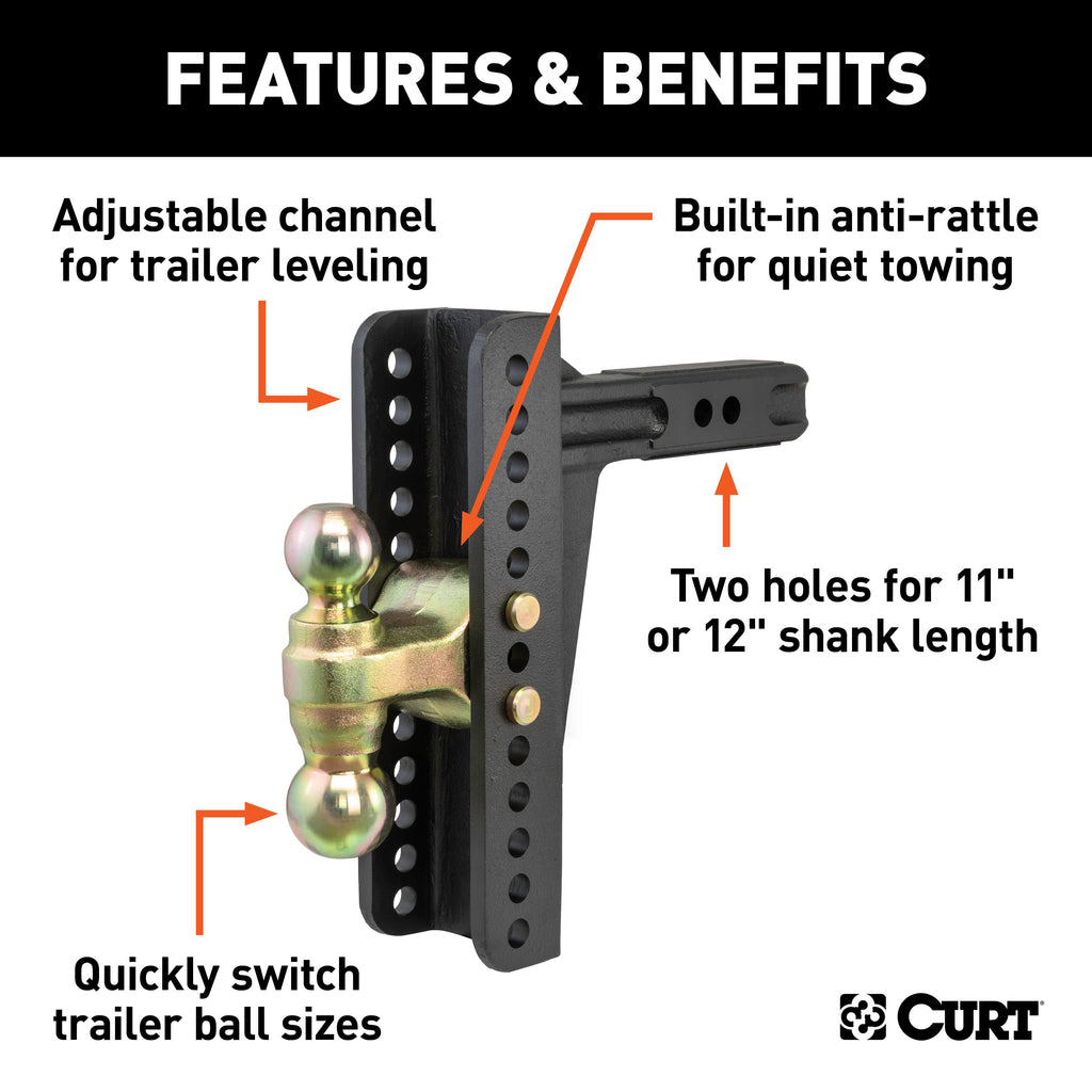 CURT 45926 Adjustable Channel Mount with Dual Ball (2" Shank, 14,000 lbs., 10-1/8" Drop)