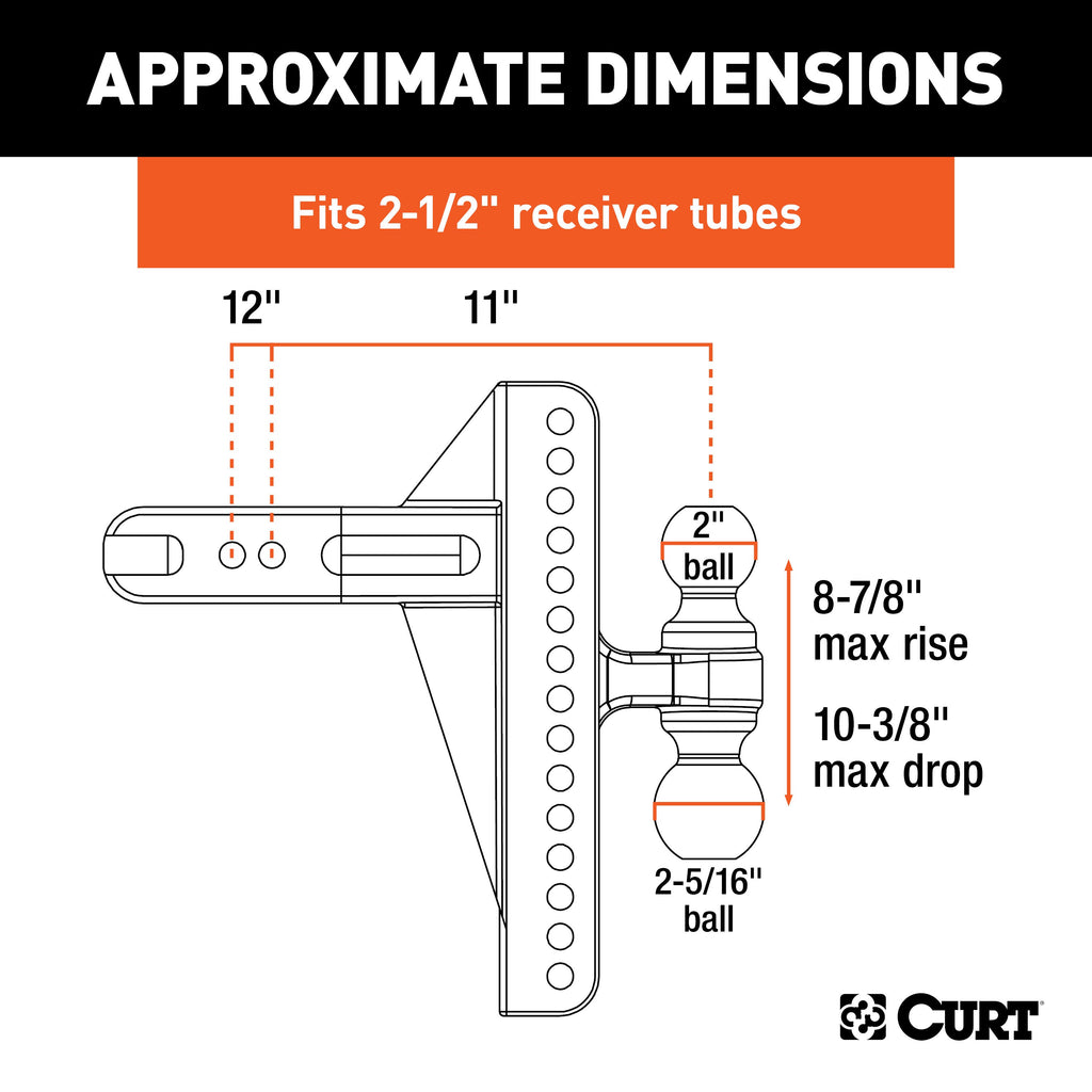 CURT 45927 Adjustable Channel Mount, Dual Ball (2-1/2" Shank, 20,000 lbs., 10-3/8" Drop)