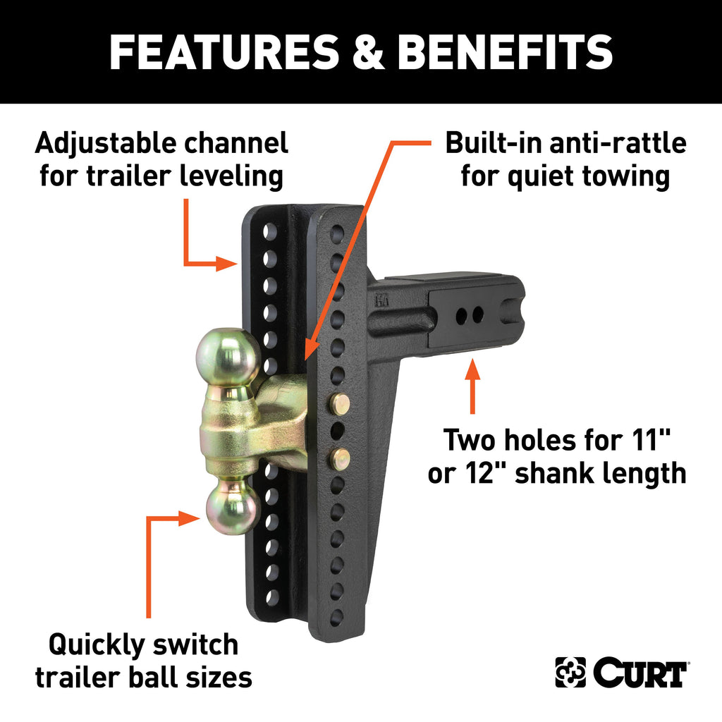 CURT 45928 Adjustable Channel Mount with Dual Ball (3" Shank, 21,000 lbs., 10-5/8" Drop)