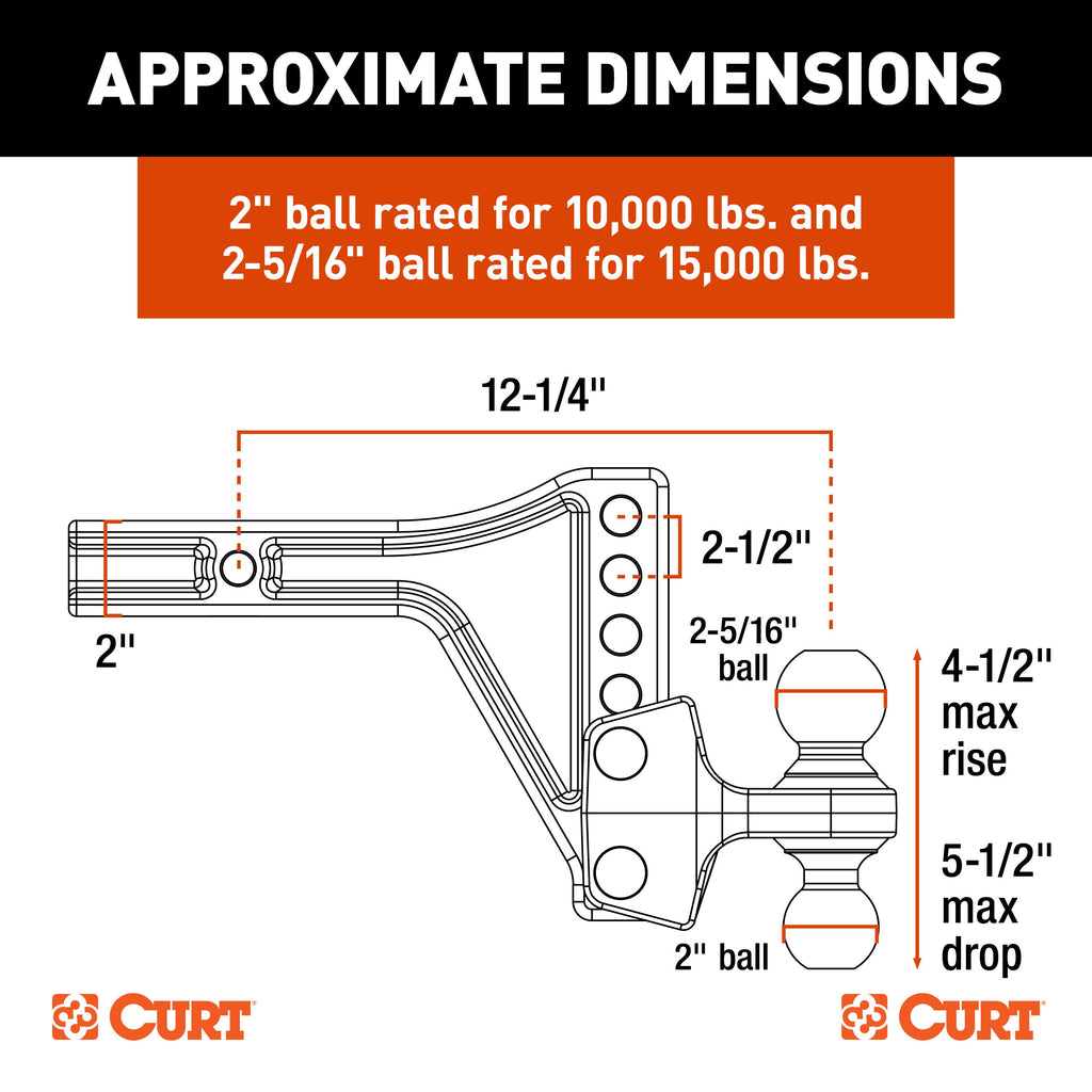 CURT 45935 Adjustable Trailer Hitch Ball Mount with Dual Ball, 2" Shank, 15K