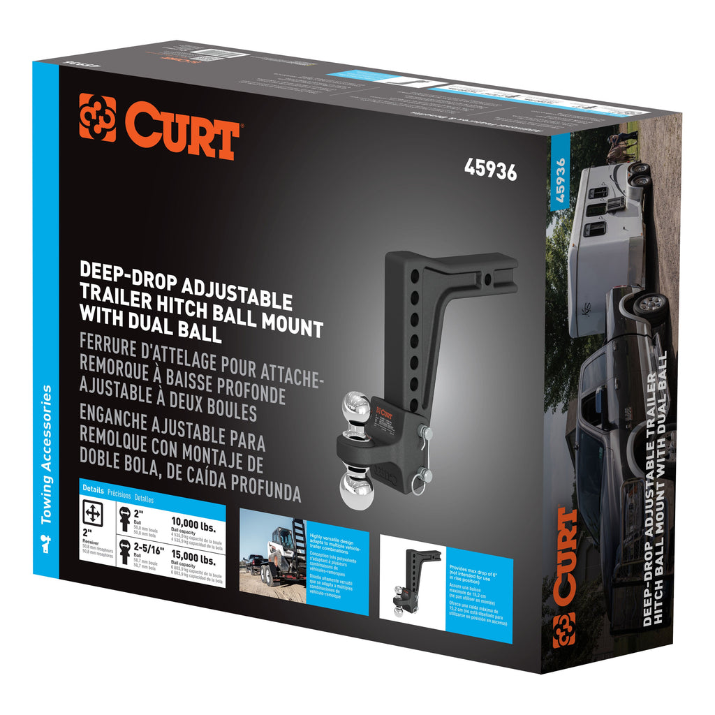 CURT 45936 Deep-Drop Adjustable Trailer Hitch Ball Mount with Dual Ball, 2" Shank, 15K