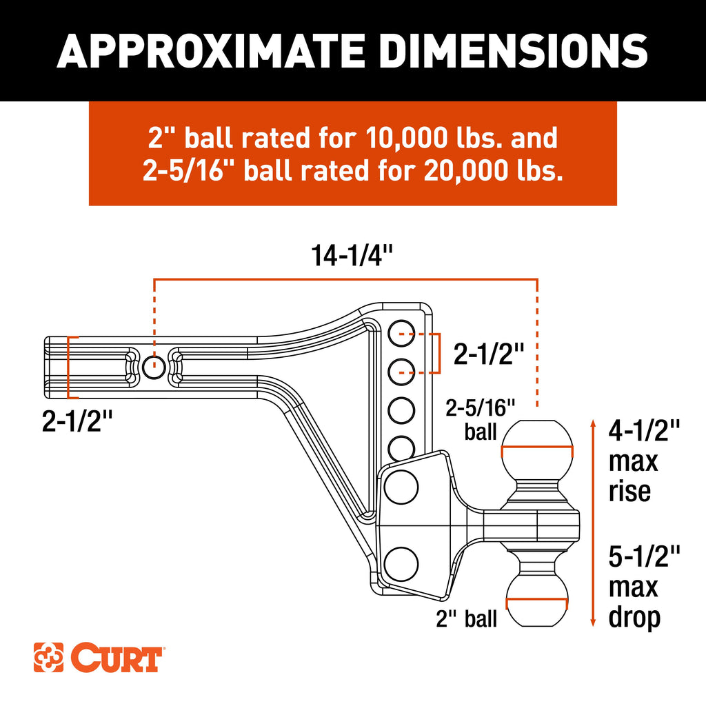 CURT 45937 HD Adjustable Trailer Hitch Ball Mount with Dual Ball, 2-1/2" Shank, 20K