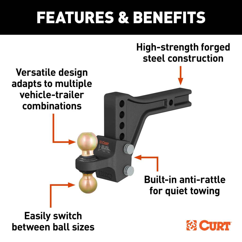 CURT 45937 HD Adjustable Trailer Hitch Ball Mount with Dual Ball, 2-1/2" Shank, 20K