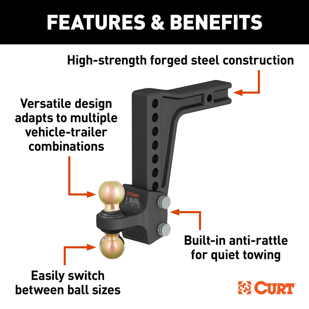 CURT 45939 HD Deep-Drop Adjustable Hitch Ball Mount with Dual Ball, 2-1/2" Shank, 20K