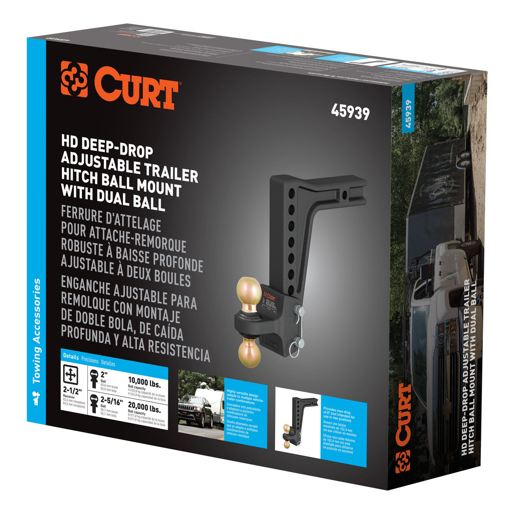 CURT 45939 HD Deep-Drop Adjustable Hitch Ball Mount with Dual Ball, 2-1/2" Shank, 20K