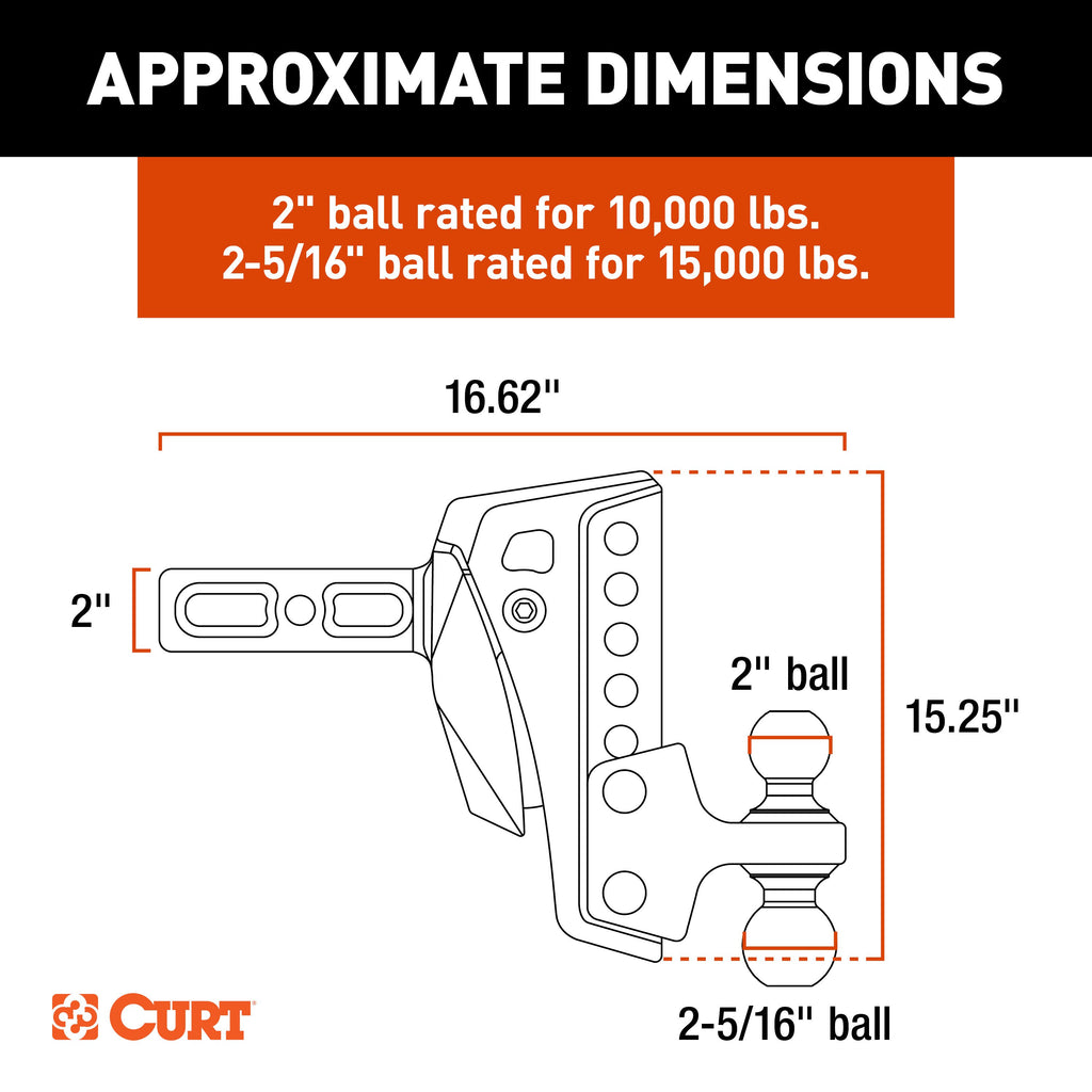 CURT 45951 Rebellion XD Adjustable Cushion Hitch (2" Shank, 2", 2-5/16" Balls, 15K)