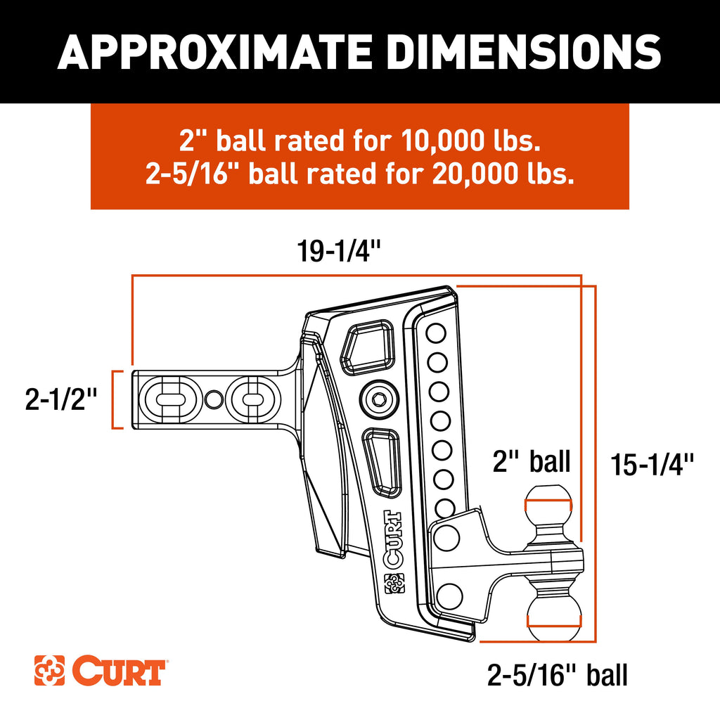 CURT 45955 Rebellion XD Adjustable Cushion Hitch (2-1/2" Shank, 2", 2-5/16" Balls, 20K)