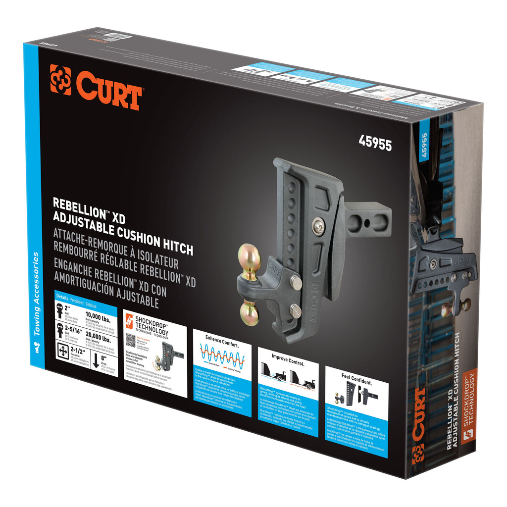CURT 45955 Rebellion XD Adjustable Cushion Hitch (2-1/2" Shank, 2", 2-5/16" Balls, 20K)