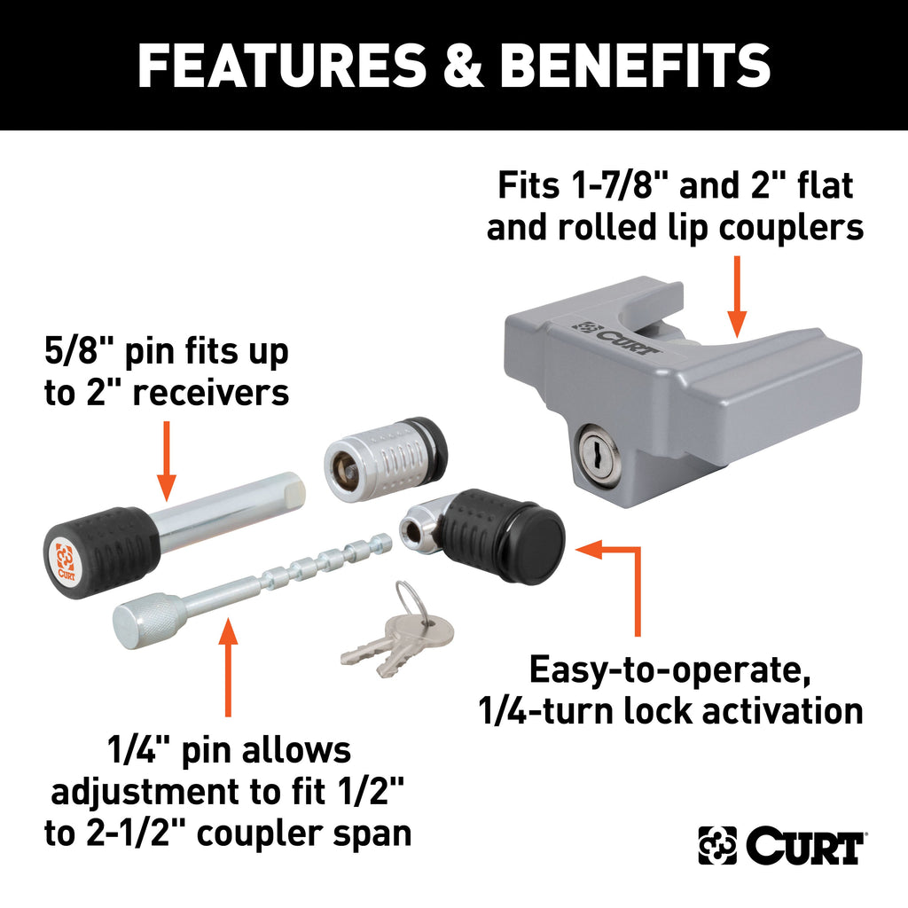 CURT 23086 Hitch/Coupler Lock Set (2in. Receiver; 1/2in. to 2-1/2in. Latch; 1-7/8in./2in. L - Truck Part Superstore