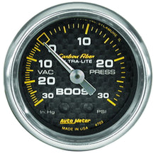 Load image into Gallery viewer, AutoMeter 4703 GAUGE, VAC/BOOST, 2 1/16", 30INHG-30PSI, MECHANICAL, CARBON FIBER