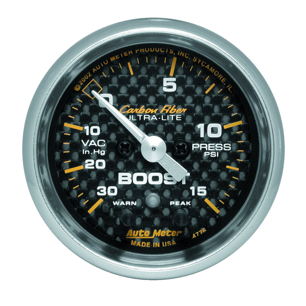 AutoMeter 4776 GAUGE, VAC/BOOST, 2 1/16", 30INHG-15PSI, STEPPER MOTOR W/ PK & WRN, CARBON FIBER