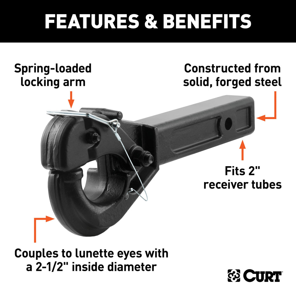 CURT 48004 Receiver-Mount Pintle Hook (2" Shank, 20,000 lbs., 2-1/2" Lunette Rings)