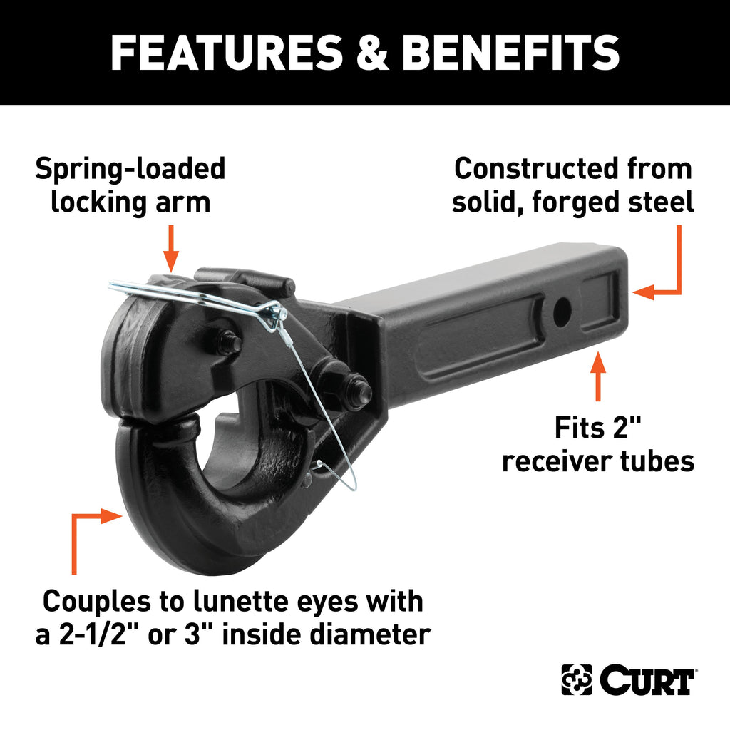 CURT 48005 Receiver-Mount Pintle Hook (2" Shank, 10,000 lbs., 2-1/2" Lunette Rings)