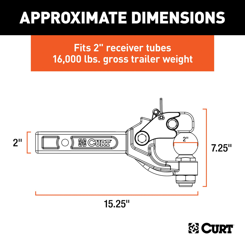 CURT 48007 Receiver-Mount Ball & Pintle Hitch (2" Shank, 2" Ball, 10,000 lbs.)