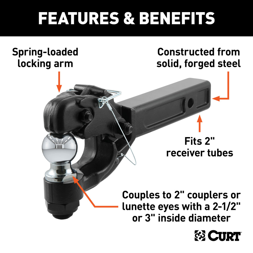 CURT 48007 Receiver-Mount Ball & Pintle Hitch (2" Shank, 2" Ball, 10,000 lbs.)