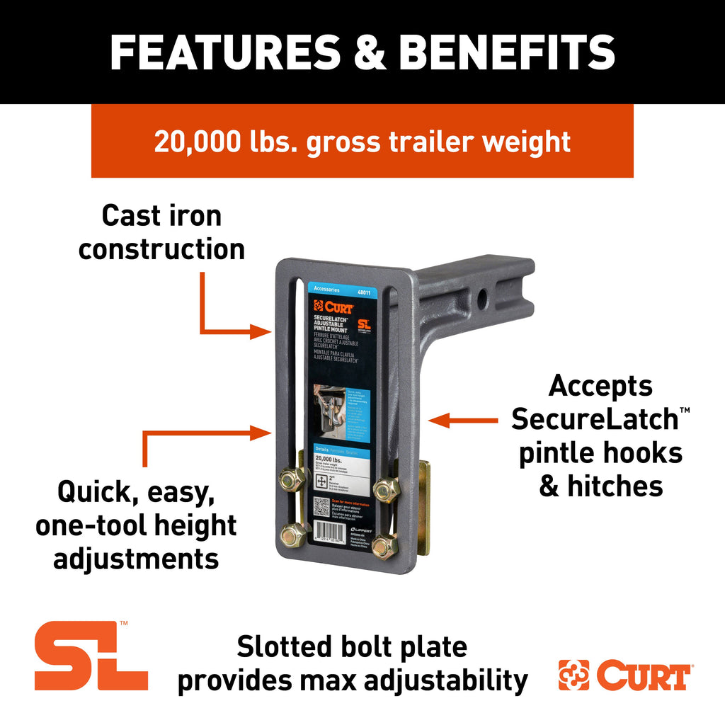 CURT 48011 SecureLatch Adjustable Pintle Mount (2" Shank, 20,000 lbs.)