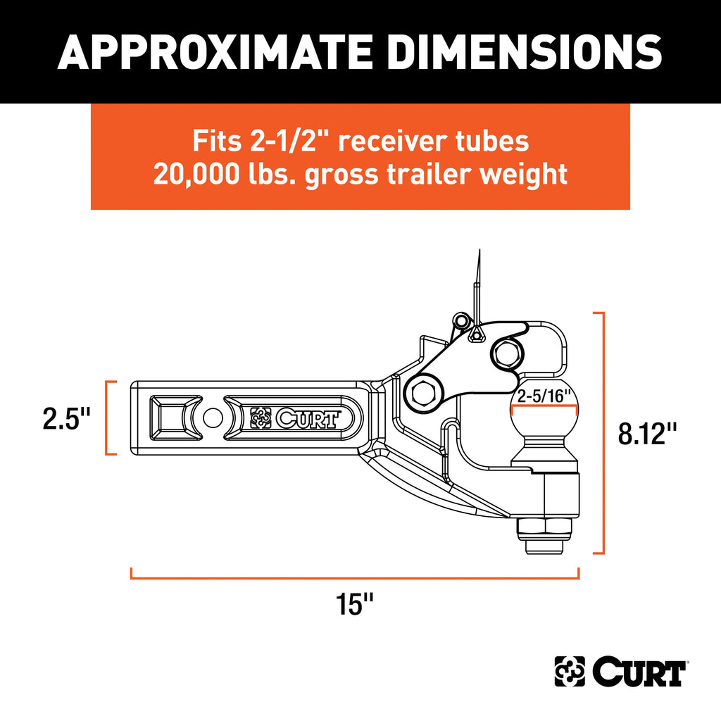 CURT 48012 Receiver-Mount Ball & Pintle Hitch (2-1/2" Shank, 2-5/16" Ball, 20,000 lbs.)
