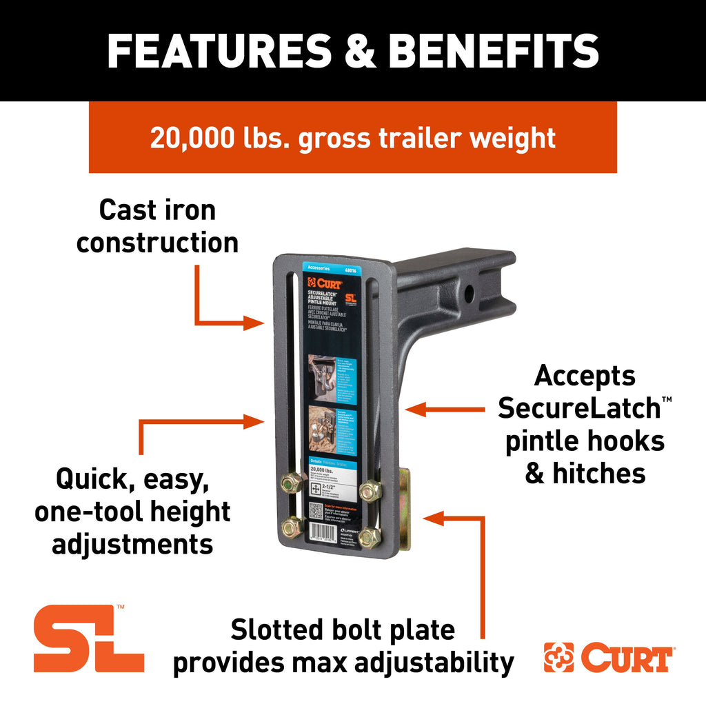 CURT 48016 SecureLatch Adjustable Pintle Mount (2-1/2" Shank, 20,000 lbs.)