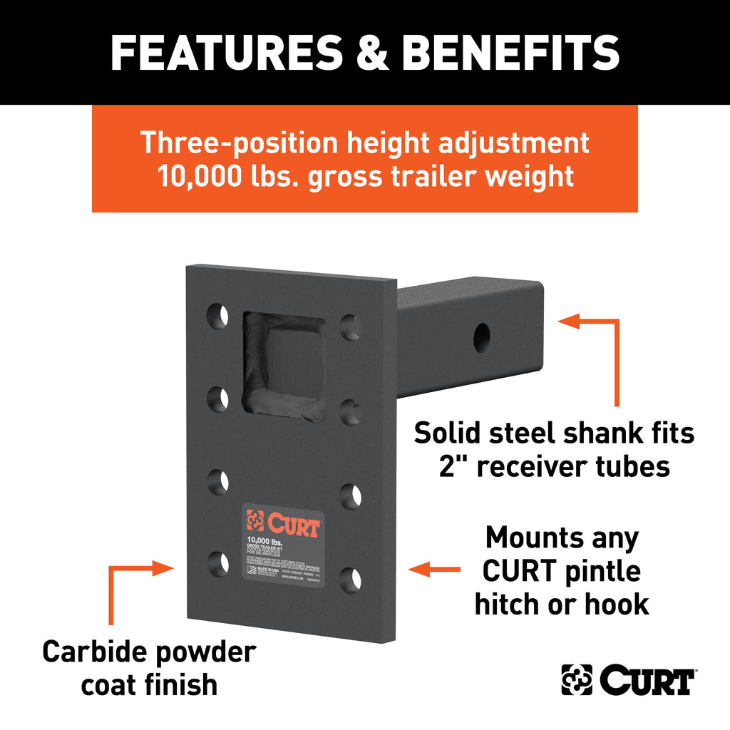 CURT 48323 Adjustable Pintle Mount (2" Shank, 10,000 lbs., 7" High, 6" Long)