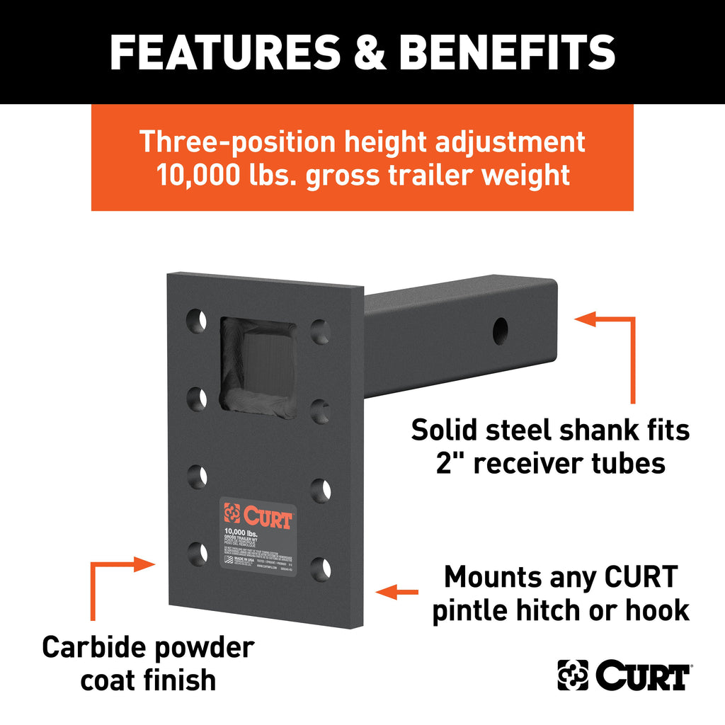 CURT 48324 Adjustable Pintle Mount (2" Shank, 10,000 lbs., 7" High, 8" Long)