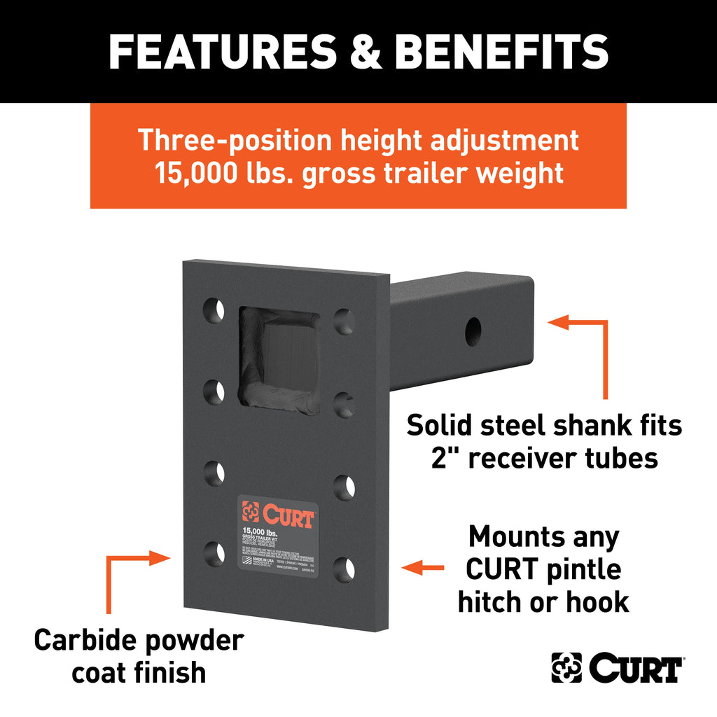 CURT 48328 Adjustable Pintle Mount (2" Shank, 15,000 lbs., 7" High, 6" Long)