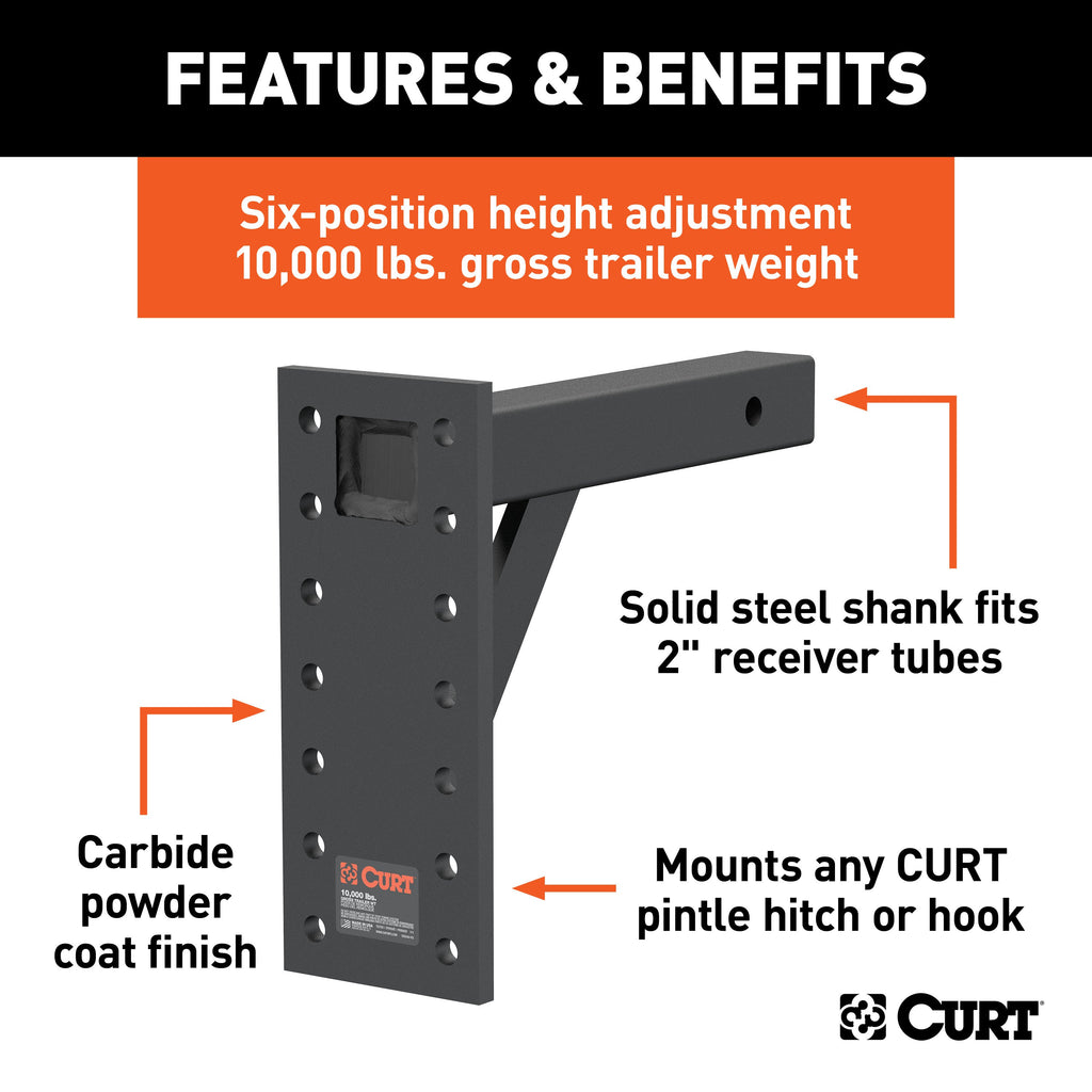 CURT 48342 Adjustable Pintle Mount (2" Shank, 10,000 lbs., 13" High, 12" Long)
